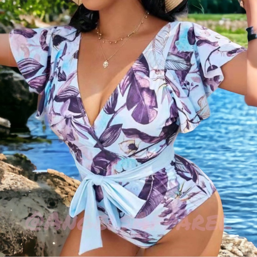 🐣Just In🆕"The Angelina"  Flutter Sleeve Deep V Swimsuit - Picture 6 of 6